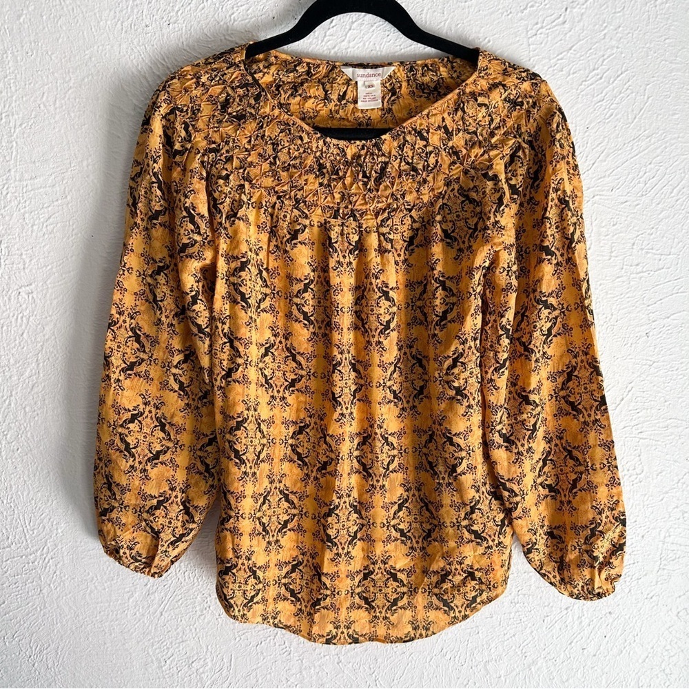 Sundance 100% Silk Smocked Boho Blouse XS – Golden Yellow & Black Print
